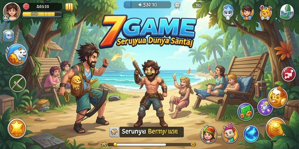 Screenshot utama 7GAME yang menunjukkan gameplay yang seru dan penuh warna.