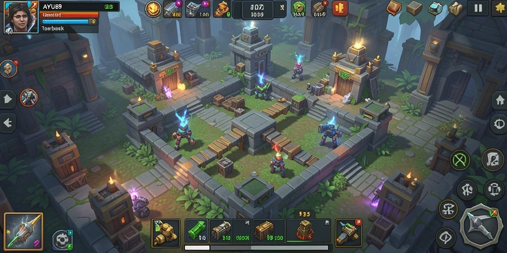 Screenshot AYU89 menampilkan pertarungan menegangkan dengan berbagai tower.