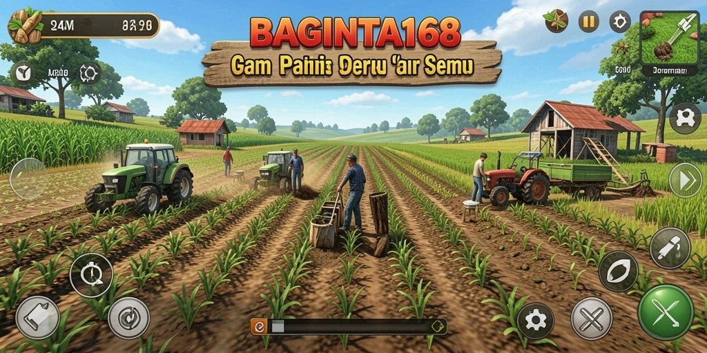 Tampilan gameplay BAGINTA168 yang menampilkan aktivitas pertanian.