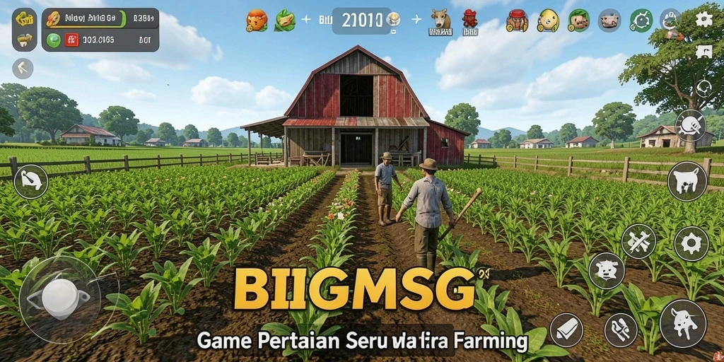 Tampilan gameplay menarik dari BIGMSG saat merawat ladang dengan tanaman dan hewan.