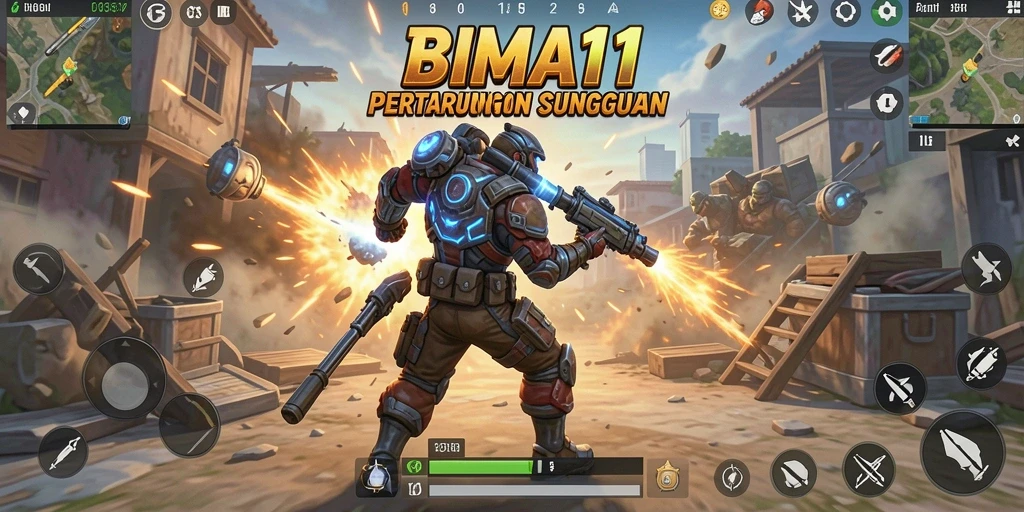 Screenshot utama BIMA11 menunjukkan aksi intens dalam pertarungan Battle Royale.
