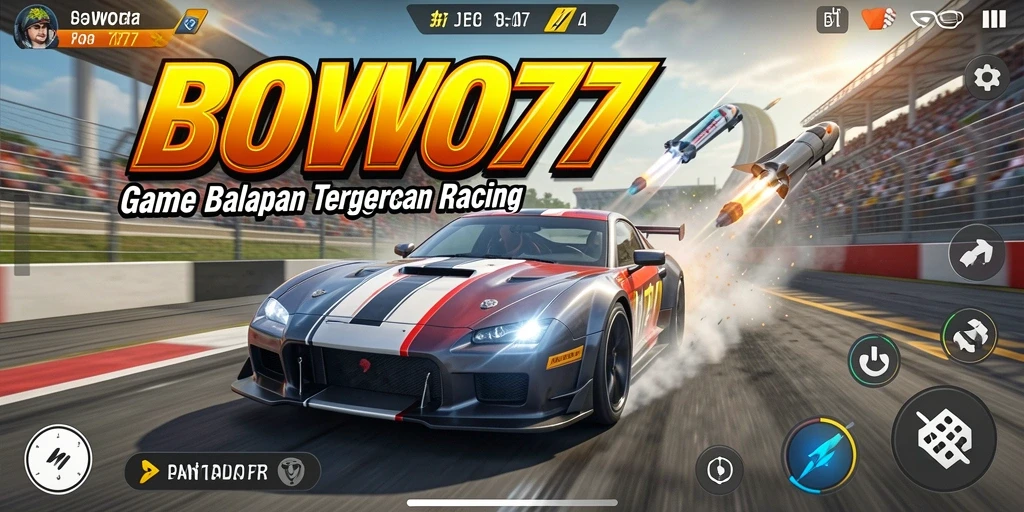 Screenshot menunjukkan aksi balapan seru dalam BOWO77 dengan mobil kencang.