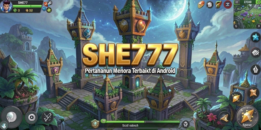 Tampilan menarik gameplay Tower Defense SHE777 dengan menara beragam.