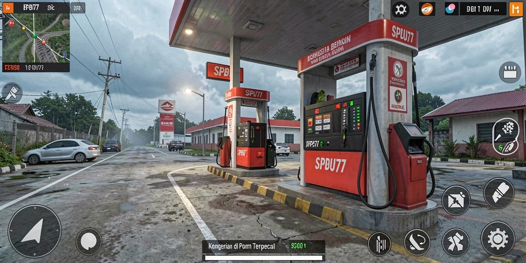 Tangkapan layar menampilkan suasana menyeramkan dan gameplay SPBU77 yang menegangkan.